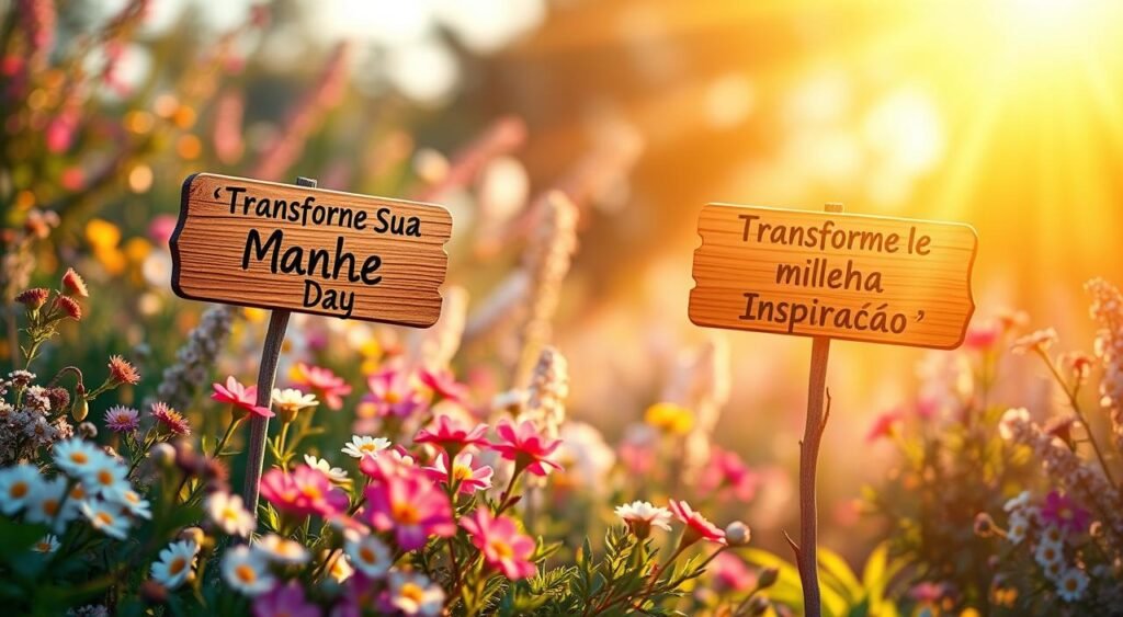 Vibrant morning rays illuminate a peaceful garden, where delicate flowers bloom in a kaleidoscope of colors. Warm, inspirational messages float gently in the air, hand-painted on whimsical wooden signs. The serene scene evokes a sense of tranquility and optimism, perfect for starting the day with a positive mindset. A soft, diffused light creates a dreamlike atmosphere, inviting the viewer to pause and reflect on the uplifting words. The composition is balanced, with the messages taking center stage, surrounded by a lush, natural backdrop that enhances their impact. This idyllic vision captures the essence of "Transforme Sua Manhã com Inspiração", inspiring the viewer to embrace the day with renewed energy and enthusiasm. Os vibrantes raios matinais iluminam um jardim tranquilo, onde flores delicadas desabrocham em um caleidoscópio de cores. Mensagens acolhedoras e inspiradoras flutuam suavemente no ar, pintadas à mão em excêntricas placas de madeira. O cenário sereno evoca uma sensação de tranquilidade e otimismo, perfeita para começar o dia com uma mentalidade positiva. Uma luz suave e difusa cria uma atmosfera onírica, convidando o espectador a parar e refletir sobre as palavras inspiradoras. A composição é equilibrada, com as mensagens em destaque, cercadas por um cenário natural exuberante que potencializa seu impacto. Esta visão idílica captura a essência de "Transforme sua manhã com inspiração", inspirando o espectador a abraçar o dia com energia e entusiasmo renovados.