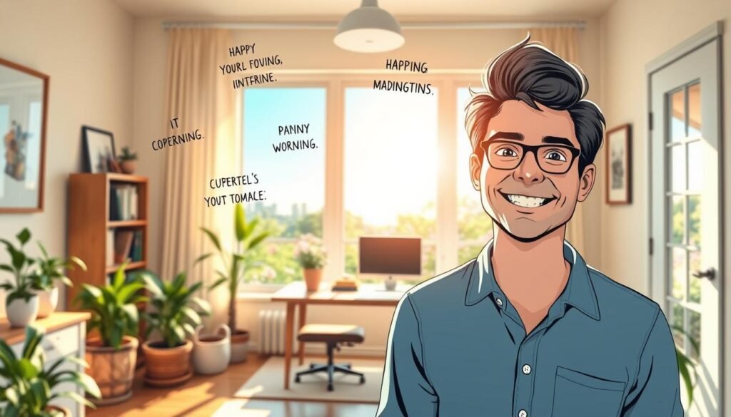 A bright, cheerful morning scene of a positive daily routine. In the foreground, a person is standing with a warm smile, surrounded by inspirational affirmations floating in the air. The middle ground features a cozy, well-organized home office with a desk, potted plants, and a large window letting in natural sunlight. In the background, a lush garden with blooming flowers and a clear blue sky creates a serene, uplifting atmosphere. The lighting is soft and diffused, creating a welcoming, tranquil mood. Captured with a wide-angle lens to showcase the harmonious composition of this wholesome, motivating daily setting. Uma cena matinal alegre e iluminada de uma rotina diária positiva. Em primeiro plano, uma pessoa está de pé com um sorriso caloroso, cercada por afirmações inspiradoras flutuando no ar. No meio, um escritório aconchegante e bem organizado, com uma escrivaninha, vasos de plantas e uma grande janela que permite a entrada da luz natural. Ao fundo, um jardim exuberante com flores desabrochando e um céu azul claro cria uma atmosfera serena e inspiradora. A iluminação é suave e difusa, criando um clima acolhedor e tranquilo. Capturado com uma lente grande angular para destacar a composição harmoniosa deste ambiente diário saudável e motivador.