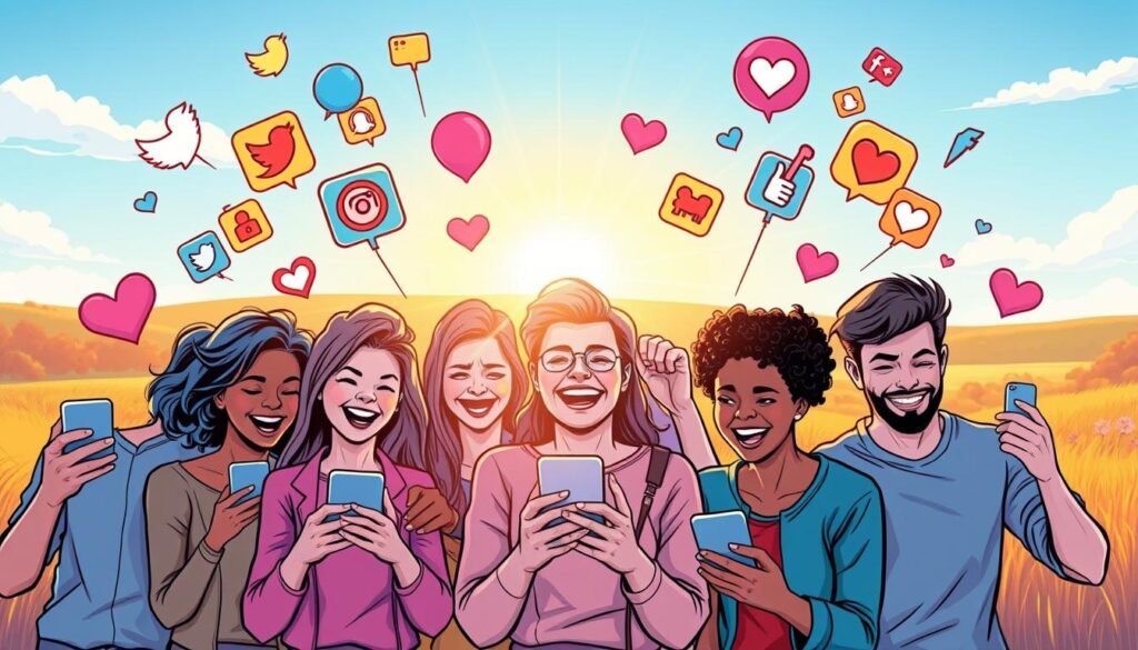 A cheerful social media scene depicting the sharing of happiness. In the foreground, a group of diverse people enthusiastically posting and interacting on their smartphones, their faces alight with joy. The middle ground showcases vibrant, abstracted icons and symbols representing the various social media platforms, while the background features a warm, radiant landscape with a sun-dappled meadow and a clear blue sky. The overall composition conveys a sense of positivity, connection, and the spreading of good cheer through digital channels. Soft, diffused lighting casts a gentle, uplifting glow across the entire frame. Uma cena alegre de mídia social retratando a partilha da felicidade. Em primeiro plano, um grupo de pessoas diversas publicando e interagindo entusiasticamente em seus smartphones, com os rostos iluminados de alegria. O plano central exibe ícones e símbolos vibrantes e abstratos representando as diversas plataformas de mídia social, enquanto o fundo apresenta uma paisagem quente e radiante com um campo salpicado de sol e um céu azul claro. A composição geral transmite uma sensação de positividade, conexão e a disseminação de alegria por meio de canais digitais. Uma iluminação suave e difusa projeta um brilho suave e inspirador em todo o enquadramento.