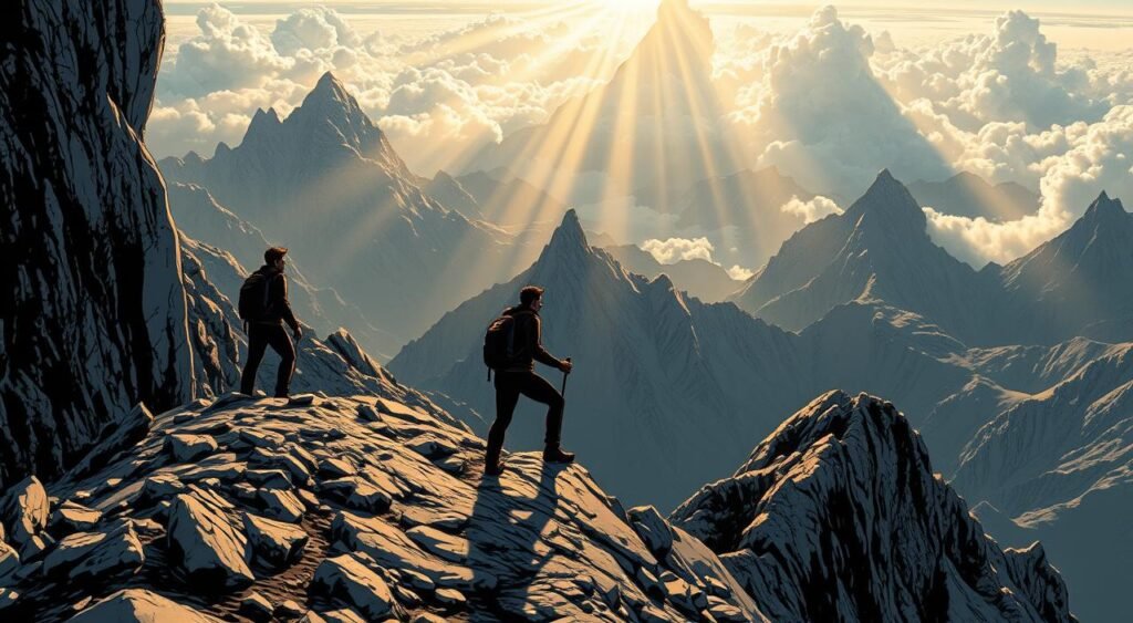 A dynamic and inspirational scene of a person overcoming a towering challenge. In the foreground, a determined individual climbs a rugged, sun-dappled mountain path, their gaze fixed resolutely on the summit. The middle ground features a dramatic landscape of craggy peaks and sweeping vistas, conveying a sense of scale and difficulty. In the background, glowing rays of light pierce through billowing clouds, symbolizing the triumph of the human spirit. The scene is rendered with a cinematic, high-contrast lighting style that heightens the drama and intensity of the moment, capturing the essence of "overcoming challenges" with a powerful, impactful visual. Uma cena dinâmica e inspiradora de uma pessoa superando um desafio imponente. Em primeiro plano, um indivíduo determinado escala uma trilha montanhosa acidentada e salpicada de sol, com o olhar fixo no cume. O plano central apresenta uma paisagem dramática de picos escarpados e vistas panorâmicas, transmitindo uma sensação de escala e dificuldade. Ao fundo, raios de luz brilhantes atravessam nuvens ondulantes, simbolizando o triunfo do espírito humano. A cena é renderizada com um estilo de iluminação cinematográfico de alto contraste que intensifica o drama e a intensidade do momento, capturando a essência da "superação de desafios" com um visual poderoso e impactante.