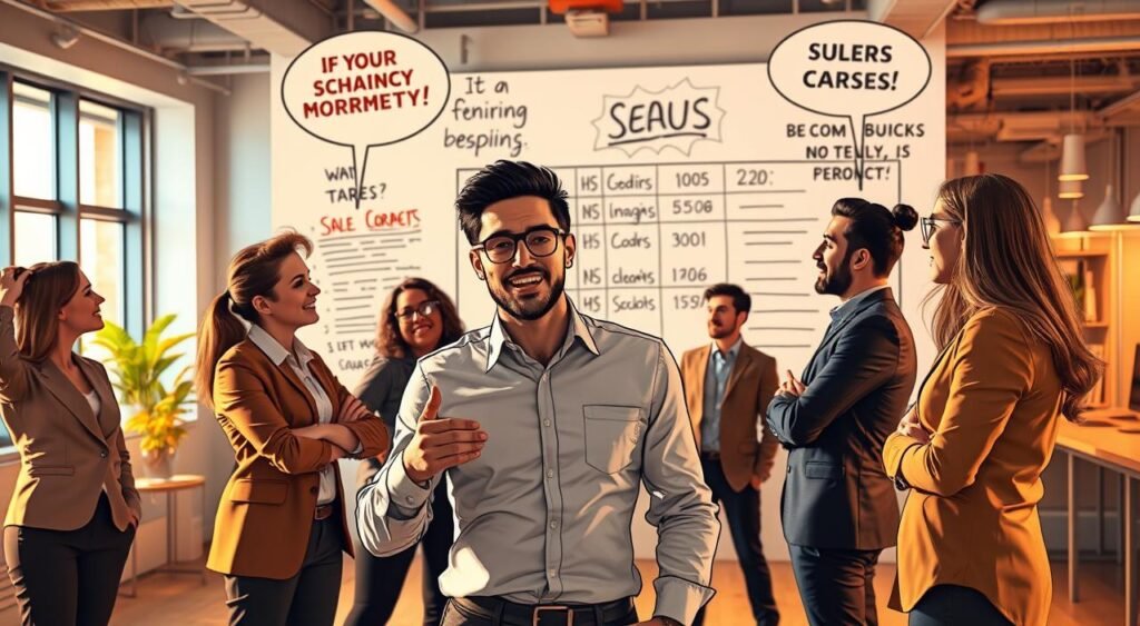 A dynamic sales team, energized by motivational messages, stands in a well-lit, modern office. Warm lighting casts a glow over the scene, capturing the team's focused expressions as they strategize and collaborate. In the foreground, a salesperson gestures passionately, conveying the impact of these messages on their performance. The middle ground features a large whiteboard displaying sales targets and inspiring slogans, while the background showcases an open, collaborative workspace that fosters a culture of motivation and success. mensagens motivacionais para vendas
