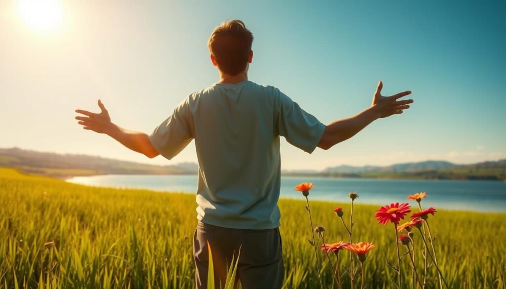 A peaceful, sun-drenched scene of a lush green meadow, with a calm lake reflecting the azure sky. In the foreground, a person stands tall, arms outstretched, their expression serene and confident. The warm light bathes the scene, evoking a sense of tranquility and positivity. In the middle ground, vibrant wildflowers sway gently in a light breeze, symbolizing the growth and abundance that positive thinking can bring. The background features rolling hills and a distant horizon, suggesting the expansive potential of a daily, optimistic mindset. Crisp, high-resolution, cinematic, digital art. Uma cena tranquila e ensolarada de um prado verdejante, com um lago calmo refletindo o céu azul. Em primeiro plano, uma pessoa está de pé, com os braços estendidos, a expressão serena e confiante. A luz quente banha a cena, evocando uma sensação de tranquilidade e positividade. No plano central, flores silvestres vibrantes balançam suavemente ao vento, simbolizando o crescimento e a abundância que o pensamento positivo pode trazer. O fundo apresenta colinas ondulantes e um horizonte distante, sugerindo o potencial expansivo de uma mentalidade otimista e cotidiana. Arte digital cinematográfica, nítida, de alta resolução.