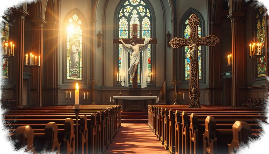 A serene Catholic Easter scene set in a traditional church interior. In the foreground, a large, ornate cross stands as the focal point, adorned with intricate carvings and draped in delicate white fabrics. Candles flicker softly, casting a warm, reverent glow throughout the space. In the middle ground, rows of wooden pews face the altar, inviting the viewer to join in the solemn celebration. The background features stained glass windows, their vibrant colors filtering in natural light that bathes the scene in an ethereal, spiritual atmosphere. The overall mood is one of reverence, tranquility, and the profound significance of the Easter holiday for the Catholic faith. Mensagens de Bom Dia de Páscoa