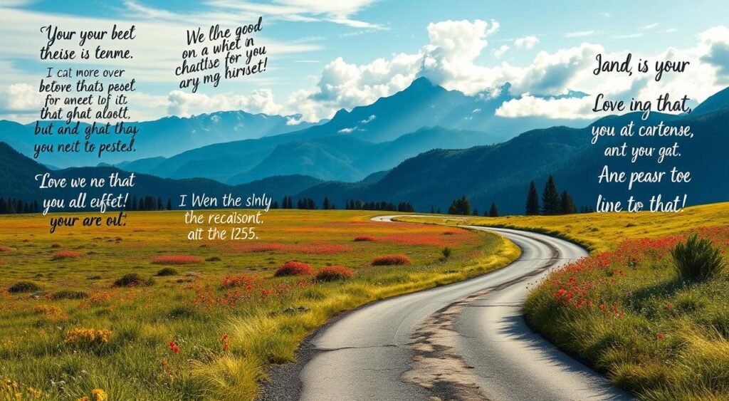 A serene and inspirational landscape, with a winding road leading towards a distant mountain range. The foreground features a collection of motivational phrases handwritten in a calligraphic style, each one illuminated by soft, natural lighting. The middle ground showcases a picturesque meadow, dotted with vibrant wildflowers and a tranquil stream. In the background, the majestic mountains stand tall, their peaks shrouded in wispy clouds. The overall atmosphere is one of determination, positivity, and the endless possibilities that await the enterprising individual on their entrepreneurial journey. mensagens motivacionais de empreendedores