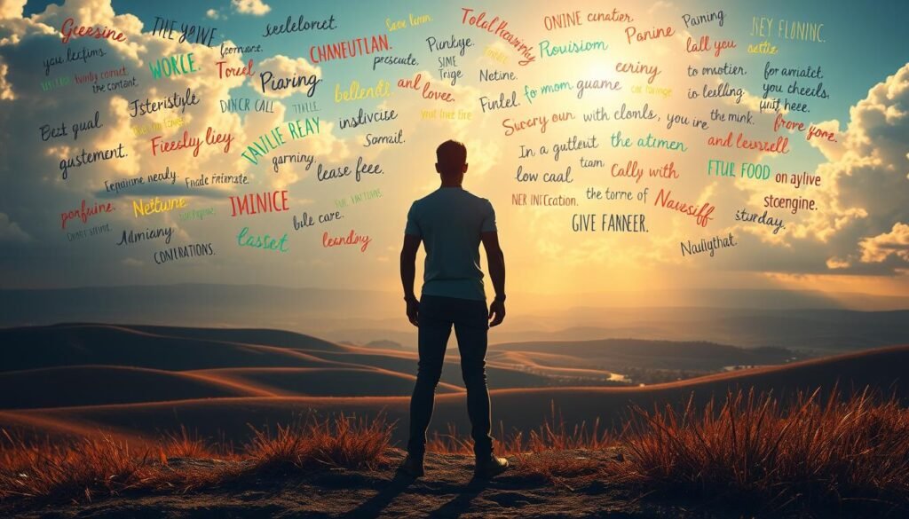 A serene and inspirational scene of personal transformation. In the foreground, a single human figure stands tall, their body language exuding confidence and determination. Surrounding them, a vibrant display of colorful, hand-drawn motivational phrases in cursive script float ethereally, gently cascading down like wisps of light. The middle ground features a tranquil, sun-dappled landscape, with rolling hills and a distant horizon bathed in a warm, golden glow. In the background, dramatic clouds part to reveal a glimpse of a brilliant, azure sky. Soft, diffused lighting illuminates the entire scene, creating a sense of hope, progress, and inner strength. Uma cena serena e inspiradora de transformação pessoal. Em primeiro plano, uma única figura humana se ergue imponente, sua linguagem corporal exalando confiança e determinação. Ao redor, uma vibrante exibição de frases motivacionais coloridas, desenhadas à mão em letra cursiva, flutua etereamente, caindo suavemente como fios de luz. O plano central apresenta uma paisagem tranquila e ensolarada, com colinas ondulantes e um horizonte distante banhado por um brilho quente e dourado. Ao fundo, nuvens dramáticas se abrem para revelar um vislumbre de um céu azul brilhante. Uma iluminação suave e difusa ilumina toda a cena, criando uma sensação de esperança, progresso e força interior.