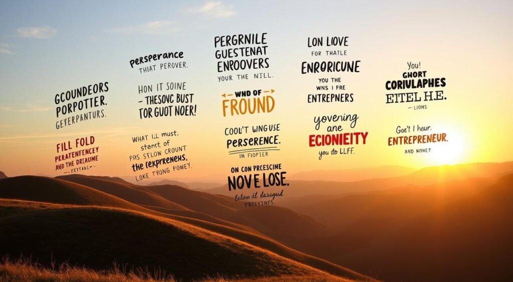 A serene and tranquil landscape, with rolling hills in the background and a warm, golden sunset casting a soft glow over the scene. In the foreground, a collection of motivational messages for entrepreneurs, each one hand-lettered with a unique typographic style and vibrant colors, floating effortlessly in the air. The messages convey themes of perseverance, innovation, and the pursuit of dreams, inspiring the viewer to take bold action and embrace their entrepreneurial spirit. The overall mood is one of encouragement and optimism, with a sense of possibility and opportunity permeating the image. Uma paisagem serena e tranquila, com colinas ondulantes ao fundo e um pôr do sol quente e dourado lançando um brilho suave sobre a cena. Em primeiro plano, uma coleção de mensagens motivacionais para empreendedores, cada uma escrita à mão com um estilo tipográfico único e cores vibrantes, flutuando suavemente no ar. As mensagens transmitem temas de perseverança, inovação e busca de sonhos, inspirando o espectador a tomar medidas ousadas e abraçar seu espírito empreendedor. O clima geral é de encorajamento e otimismo, com uma sensação de possibilidade e oportunidade permeando a imagem.
