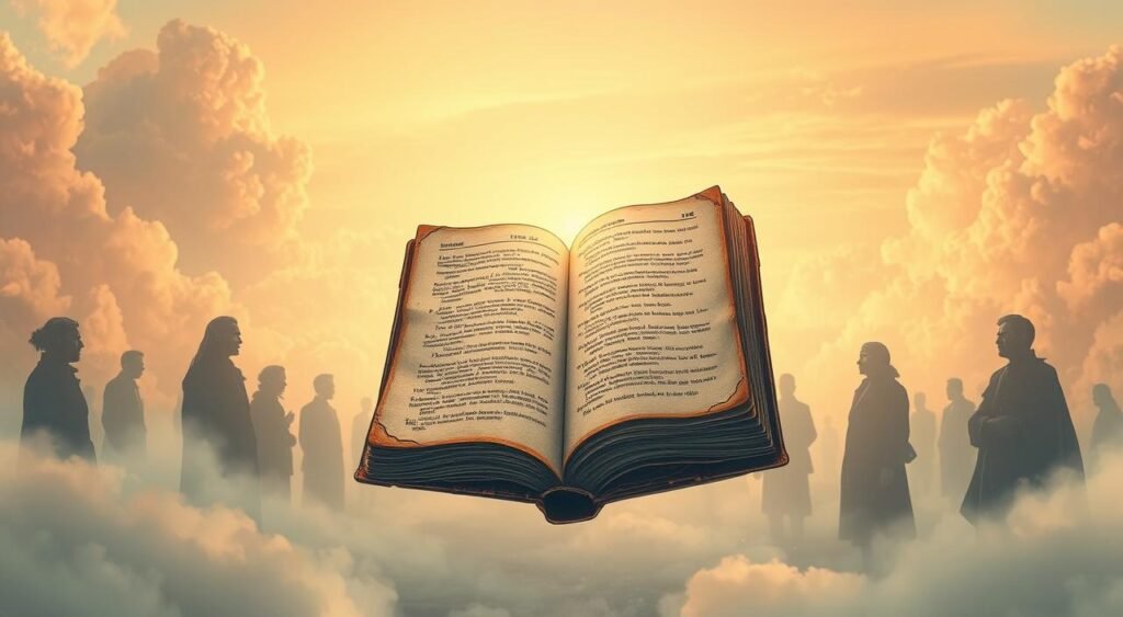 A serene, ethereal scene depicting the "História das Frases Inspiradoras". A weathered, antique book floats in the center, its pages gently turning as if guided by an unseen force. Faint silhouettes of inspirational figures from throughout history surround the book, their faces obscured but their presence felt. The background is a dreamy, pastel-hued landscape, with soft clouds drifting overhead and a warm, golden light suffusing the entire composition. The overall mood is one of reverence, wonder, and the timeless power of uplifting words. A Cinematic wide-angle lens captures this enchanting, almost mystical scene, inviting the viewer to ponder the rich legacy of inspirational phrases. Uma cena serena e etérea retratando a "História das Frases Inspiradoras". Um livro antigo e desgastado flutua no centro, suas páginas girando suavemente como se guiadas por uma força invisível. Silhuetas tênues de figuras inspiradoras de toda a história circundam o livro, com seus rostos obscurecidos, mas sua presença sentida. O fundo é uma paisagem onírica em tons pastéis, com nuvens suaves pairando no céu e uma luz quente e dourada que permeia toda a composição. O clima geral é de reverência, admiração e o poder atemporal das palavras inspiradoras. Uma lente grande angular cinematográfica captura esta cena encantadora, quase mística, convidando o espectador a refletir sobre o rico legado de frases inspiradoras.