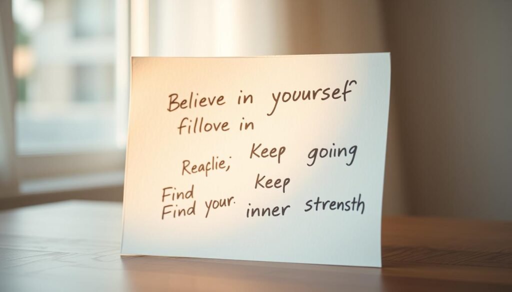 A serene, minimalist composition featuring a cluster of handwritten inspirational messages on crisp white paper, backlit by warm natural lighting pouring in through a nearby window. The messages, written in various calligraphic styles, convey uplifting sentiments such as "Believe in Yourself", "Keep Going", and "Find Your Inner Strength". The paper is set against a soft, blurred background, creating a sense of focus and emphasis on the messages. The overall mood is one of quiet contemplation and motivation, inviting the viewer to pause and reflect on the power of positive self-talk. Uma composição serena e minimalista com um conjunto de mensagens inspiradoras escritas à mão em papel branco, iluminado por trás pela luz natural suave que entra por uma janela próxima. As mensagens, escritas em vários estilos caligráficos, transmitem sentimentos inspiradores como "Acredite em si mesmo", "Continue em frente" e "Encontre sua força interior". O papel é colocado sobre um fundo suave e desfocado, criando uma sensação de foco e ênfase nas mensagens. O clima geral é de contemplação silenciosa e motivação, convidando o observador a parar e refletir sobre o poder do diálogo interno positivo.