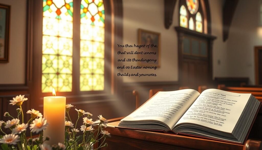 A serene, soft-lit Easter Sunday morning, with sunlight filtering through stained glass windows, illuminating a tableau of handwritten messages of hope and renewal. In the foreground, delicate pastel-colored flowers and candles flicker, casting a warm, contemplative glow. The middle ground features a wooden pew, with an open book of inspirational verses, while the background showcases a modest, peaceful church interior, its architecture accentuated by the natural light. The overall atmosphere exudes a sense of tranquility, reflection, and the promise of a new beginning, capturing the essence of Easter morning and the uplifting messages it evokes. Uma manhã serena e suavemente iluminada de domingo de Páscoa, com a luz do sol filtrando-se pelos vitrais, iluminando um quadro com mensagens manuscritas de esperança e renovação. Em primeiro plano, delicadas flores e velas em tons pastéis cintilam, lançando um brilho acolhedor e contemplativo. No centro, um banco de madeira com um livro aberto de versos inspiradores, enquanto ao fundo, o interior modesto e tranquilo de uma igreja, com sua arquitetura acentuada pela luz natural. A atmosfera geral exala uma sensação de tranquilidade, reflexão e a promessa de um novo começo, capturando a essência da manhã de Páscoa e as mensagens inspiradoras que ela evoca.