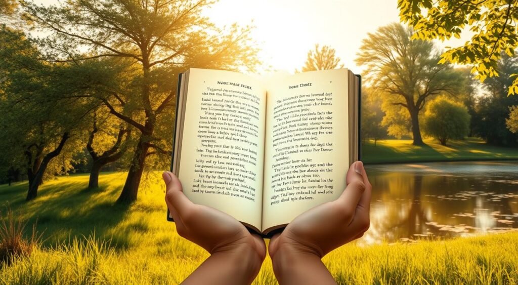 A serene, sun-dappled scene depicting the power of words on self-esteem. In the foreground, a person's hands gently hold a glowing, ethereal manuscript, its pages seemingly alive with empowering messages. Surrounding them, a lush, verdant landscape with swaying trees and a tranquil pond, reflecting the sky's warm, golden hues. The overall atmosphere is one of introspection, inner strength, and the transformative potential of positive self-affirmation. Soft, diffused lighting illuminates the scene, creating a sense of harmony and personal growth. The composition emphasizes the centrality of the manuscript, highlighting the pivotal role of uplifting words in cultivating self-confidence and inner peace. Mensagens Motivacionais de Autoestima