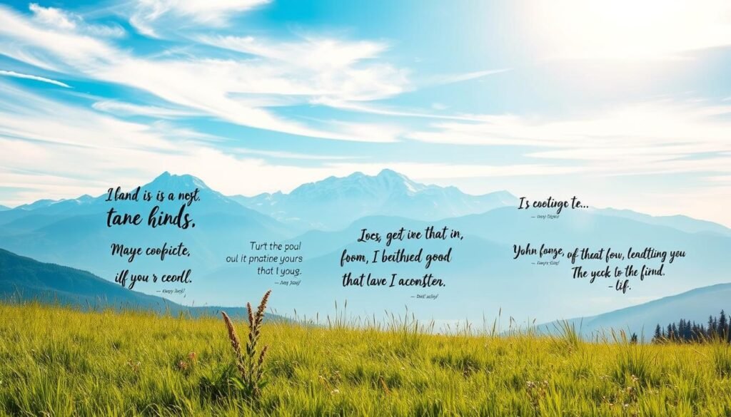 A serene, sun-dappled scene with a peaceful meadow in the foreground, lush green grass and wildflowers swaying gently in a light breeze. In the middle ground, a majestic mountain range rises up, their snow-capped peaks glowing in the warm morning light. The sky above is a brilliant azure, with wispy clouds drifting lazily across. In the tranquil foreground, handwritten inspirational phrases in a variety of calligraphic styles are artfully displayed, their messages of hope, positivity, and motivation subtly integrated into the natural landscape. The overall mood is one of calm, rejuvenation, and a sense of endless possibilities for the day ahead. Uma cena serena e ensolarada com um prado tranquilo em primeiro plano, grama verdejante e flores silvestres balançando suavemente ao vento. No meio, uma majestosa cadeia de montanhas se ergue, com seus picos nevados brilhando à luz quente da manhã. O céu acima é de um azul brilhante, com nuvens finas flutuando preguiçosamente. No tranquilo primeiro plano, frases inspiradoras escritas à mão em uma variedade de estilos caligráficos são artisticamente exibidas, com suas mensagens de esperança, positividade e motivação sutilmente integradas à paisagem natural. O clima geral é de calma, rejuvenescimento e uma sensação de infinitas possibilidades para o dia que se inicia.
