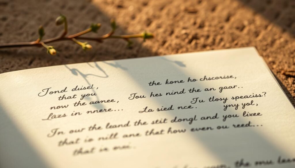 A serene, warm-toned scene depicting inspirational handwritten phrases on a textured, earthy surface. Soft, natural lighting casts gentle shadows, creating a contemplative atmosphere. Elegantly scripted motivational messages in various languages are neatly arranged, exuding a sense of thoughtfulness and personal reflection. The background features a subtle, out-of-focus natural element, such as a sprig of greenery or a simple floral motif, adding to the soothing, mindful ambiance. The overall composition is balanced and visually appealing, inviting the viewer to pause and absorb the uplifting sentiments. Mensagens Motivacionais Curtas