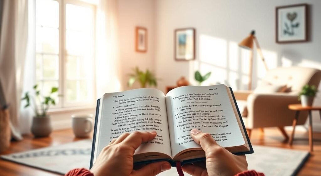 Uma cena interior serena e bem iluminada retrata a aplicação diária de mensagens baseadas na fé. Em primeiro plano, as mãos de uma pessoa seguram um diário aberto em uma página com um versículo bíblico inspirador ou citação espiritual, sua expressão é de contemplação e paz interior. O plano central exibe objetos do cotidiano, como uma caneca de café, um vaso de planta e uma poltrona aconchegante, todos banhados pela luz natural suave e difusa de uma janela ao fundo. O clima geral é de tranquilidade e atenção plena, com a mensagem inspirada na fé perfeitamente integrada à rotina diária.