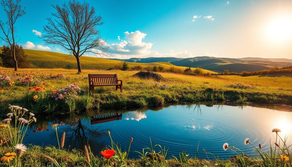 A sun-dappled meadow on a tranquil Easter Sunday, vibrant wildflowers swaying in a gentle breeze. In the foreground, a serene pond reflects the azure sky above, its mirrored surface rippling with the soft movement of water. In the middle ground, a wooden bench stands invitingly, beckoning one to pause and ponder the day's spiritual significance. In the distance, lush hills rise, bathed in the warm, golden light of the setting sun, creating an atmosphere of reverence and renewal. Atmospheric lighting, a wide-angle lens, and a slightly elevated angle capture the essence of this reflective, Easter-themed scene. Um prado ensolarado em um tranquilo domingo de Páscoa, com flores silvestres vibrantes balançando ao vento suave. Em primeiro plano, um lago sereno reflete o céu azul, com sua superfície espelhada ondulando ao suave movimento da água. No meio, um banco de madeira se ergue convidativamente, convidando a uma pausa e à reflexão sobre o significado espiritual do dia. Ao longe, colinas verdejantes se erguem, banhadas pela luz quente e dourada do pôr do sol, criando uma atmosfera de reverência e renovação. A iluminação atmosférica, uma lente grande angular e um ângulo ligeiramente elevado capturam a essência desta cena reflexiva com temática pascal.