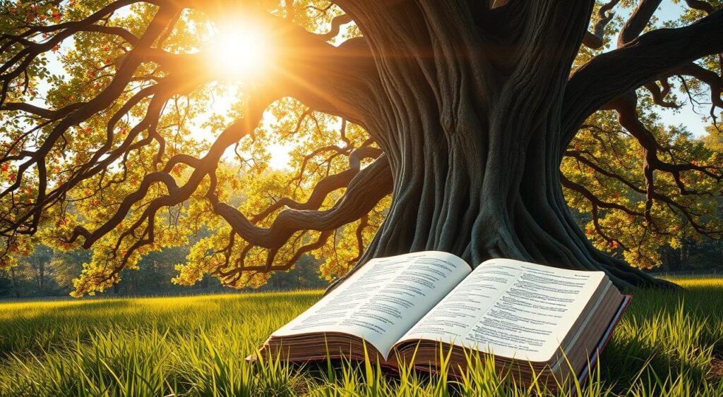 A sun-dappled, serene landscape with a towering, ancient oak tree in the foreground. Vibrant stained-glass windows adorn the branches, casting a kaleidoscope of warm, jewel-toned light across the verdant grass below. Nestled among the roots, an open Bible lies, its pages gently fluttering in a soft breeze. Elegant calligraphic scripture passages appear to emanate from the book, weaving a tapestry of inspirational wisdom. The overall atmosphere evokes a sense of reverence, tranquility, and the transformative power of the written word. A sun-dappled, serene landscape with a towering, ancient oak tree in the foreground. Vibrant stained-glass windows adorn the branches, casting a kaleidoscope of warm, jewel-toned light across the verdant grass below. Nestled among the roots, an open Bible lies, its pages gently fluttering in a soft breeze. Elegant calligraphic scripture passages appear to emanate from the book, weaving a tapestry of inspirational wisdom. The overall atmosphere evokes a sense of reverence, tranquility, and the transformative power of the written word.