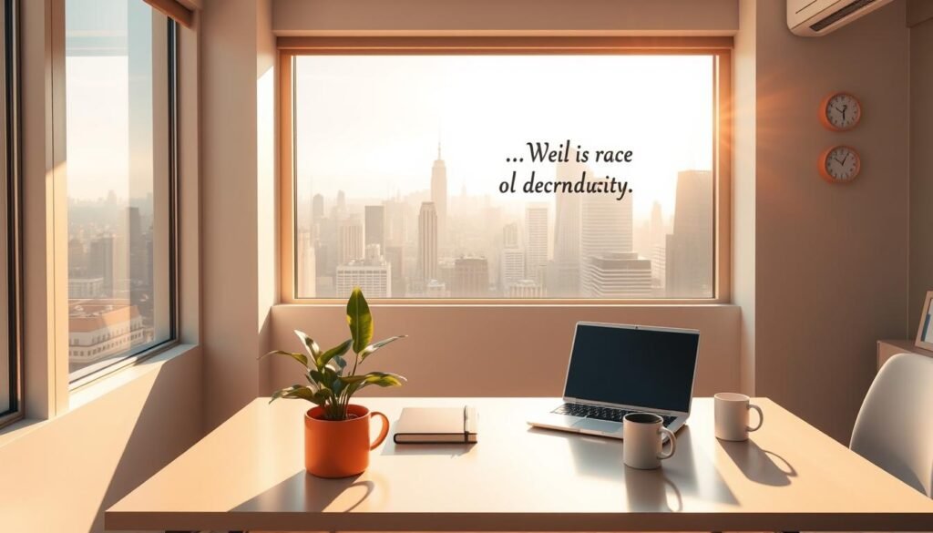 A sunlit, modern office space with a motivational message displayed on the wall. In the foreground, a sleek, minimalist desk adorned with a potted plant, a laptop, and a coffee mug. Behind it, a large window offers a view of a bustling city skyline, bathing the room in warm, natural light. On the wall, a simple, yet impactful phrase in a bold, sans-serif font, encouraging productivity and focus. The atmosphere is calm, yet energizing, with a hint of inspiration and a touch of professionalism. Um espaço de escritório moderno e ensolarado com uma mensagem motivacional na parede. Em primeiro plano, uma mesa elegante e minimalista adornada com um vaso de plantas, um laptop e uma caneca de café. Atrás dela, uma grande janela oferece vista para o movimentado horizonte da cidade, banhando o ambiente com uma luz natural e acolhedora. Na parede, uma frase simples, porém impactante, em uma fonte sem serifa em negrito, incentivando a produtividade e o foco. O ambiente é calmo, porém energizante, com um toque de inspiração e profissionalismo.