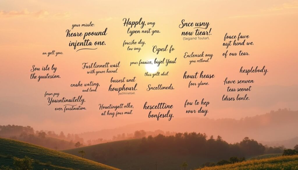 A tranquil morning scene with a warm, inviting ambiance. In the foreground, a serene landscape of rolling hills and lush greenery, illuminated by the soft, golden glow of the rising sun. Floating in the middle ground, a collection of inspirational handwritten phrases in a variety of elegant calligraphic styles, each conveying a message of motivation and positivity for the start of a new year. The background is a hazy, dreamlike sky, painted in a spectrum of pastel hues, creating a sense of serenity and optimism. The overall composition evokes a feeling of renewal, reflecting the power of words to shape a fresh mindset and embark on a new cycle. Uma cena matinal tranquila com um ambiente acolhedor e convidativo. Em primeiro plano, uma paisagem serena de colinas ondulantes e vegetação exuberante, iluminada pelo brilho suave e dourado do sol nascente. Flutuando no meio, uma coleção de frases inspiradoras escritas à mão em uma variedade de estilos caligráficos elegantes, cada uma transmitindo uma mensagem de motivação e positividade para o início de um novo ano. O fundo é um céu nebuloso e onírico, pintado em um espectro de tons pastéis, criando uma sensação de serenidade e otimismo. A composição geral evoca um sentimento de renovação, refletindo o poder das palavras para moldar uma nova mentalidade e embarcar em um novo ciclo.