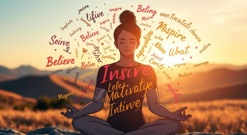 Uma cena tranquila da transformação diária de uma pessoa, cercada por palavras vibrantes e positivas. Em primeiro plano, uma figura serena meditando, com o rosto iluminado por uma luz suave e acolhedora. Girando no meio, uma cascata de frases inspiradoras como "Acredite", "Inspire" e "Motive", apresentadas em estilo caligráfico. Ao fundo, uma paisagem suave e desfocada com colinas ondulantes e um céu limpo, transmitindo uma sensação de paz e possibilidade. A atmosfera geral é de calma introspecção e um renovado senso de propósito, capturando a essência do título da seção "A Importância das Frases Motivacionais no Seu Dia a Dia".