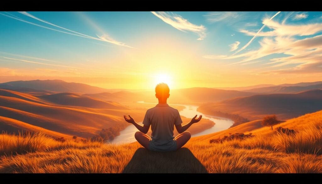 A vibrant dawn scene, bathed in warm, golden light. In the foreground, a serene figure sits cross-legged, palms upturned, radiating positive energy. The background depicts a tranquil landscape - rolling hills, a winding river, and a clear sky dotted with wispy clouds. The overall atmosphere is one of calm, rejuvenation, and a sense of boundless potential for the new day. The composition is balanced, with the figure positioned to draw the viewer's eye inward, inviting them to partake in the renewed energy of the morning. Soft, diffused lighting casts a gentle glow, adding to the soothing, meditative quality of the scene. Uma vibrante cena de amanhecer, banhada por uma luz cálida e dourada. Em primeiro plano, uma figura serena senta-se de pernas cruzadas, com as palmas das mãos voltadas para cima, irradiando energia positiva. O fundo retrata uma paisagem tranquila – colinas ondulantes, um rio sinuoso e um céu claro salpicado de nuvens finas. A atmosfera geral é de calma, rejuvenescimento e uma sensação de potencial ilimitado para o novo dia. A composição é equilibrada, com a figura posicionada para atrair o olhar do observador para dentro, convidando-o a participar da energia renovada da manhã. Uma iluminação suave e difusa projeta um brilho suave, contribuindo para a qualidade relaxante e meditativa da cena.