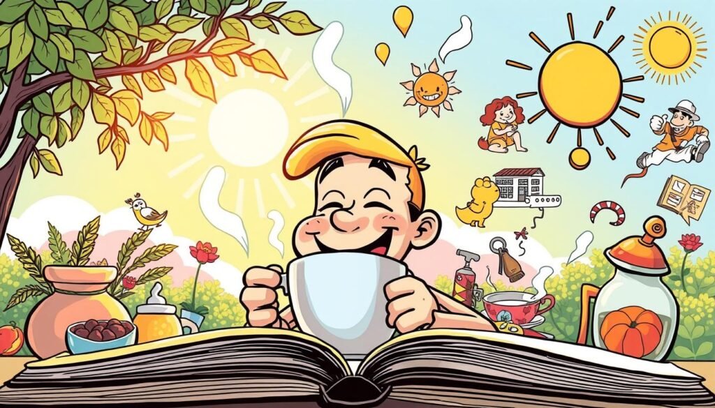 A warm, sun-drenched morning scene with a cheerful, cartoon-style character sipping a steaming cup of coffee or tea, surrounded by vibrant, whimsical illustrations of various amusing morning routines and activities. The character's expression exudes a lighthearted, humorous demeanor, inviting the viewer to feel uplifted and energized. The composition features a playful balance of colors, textures, and dynamic elements that capture the essence of a 'humor matinal' - a humorous, lighthearted start to the day. The overall style should be visually engaging, with a touch of playfulness and charm that resonates with the article's theme of "Boas-Vindas e o Poder do Humor na Manhã". Mensagens de Bom Dia Divertidas para Alegrar Seus Seguidores
