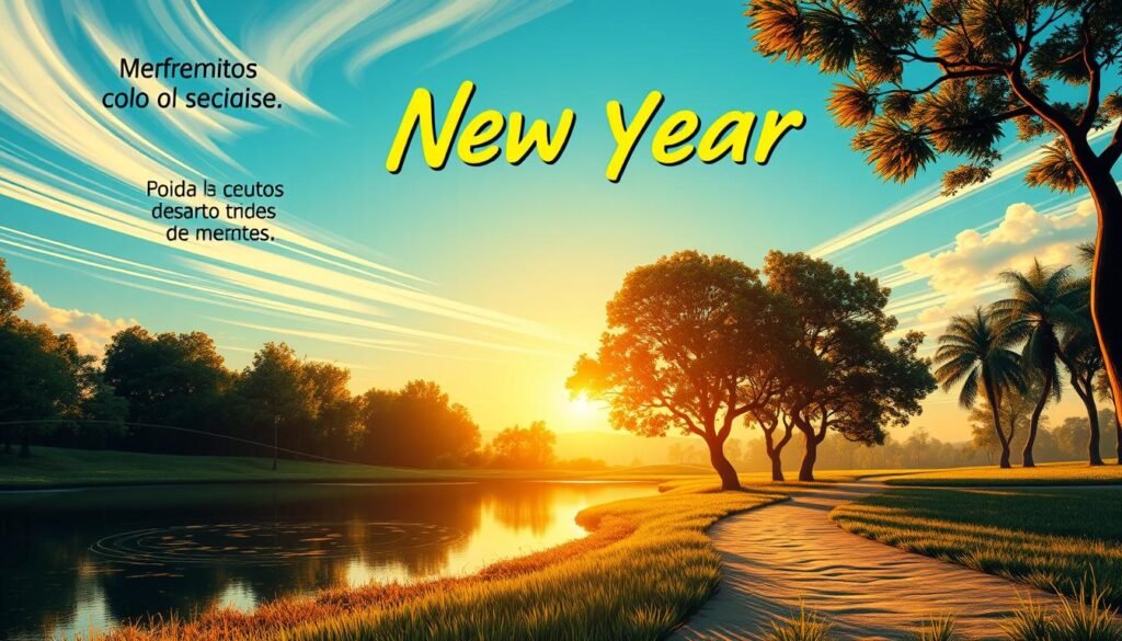 A warm, vibrant New Year's scene with inspiring motivational phrases in Portuguese floating in the air. In the foreground, a serene landscape with a tranquil lake reflecting the soft, golden morning light. In the middle ground, a tree-lined path leading towards a rising sun, symbolizing a fresh start. The background features wispy clouds and a clear, azure sky, evoking a sense of hope and renewal. The overall mood is one of optimism and determination, inviting the viewer to embrace the new cycle ahead. Mensagens de Bom Dia de Ano Novo