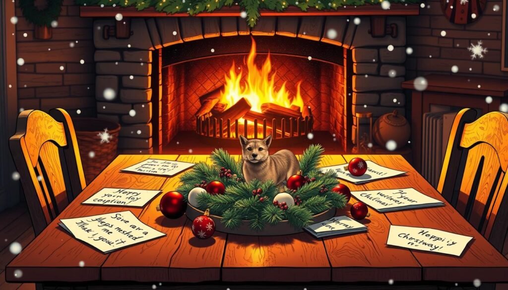 Mensagens de Natal para a família: um cenário aconchegante e iluminado de uma mesa de madeira com um centro de mesa festivo, cercado por bilhetes escritos à mão e enfeites natalinos. A mesa está posta contra o fundo de uma lareira com fogo crepitante, lançando um brilho suave e dourado. Flocos de neve flutuam suavemente no ar, criando uma atmosfera serena e pacífica. O clima geral é de união familiar, conforto e o espírito natalino.