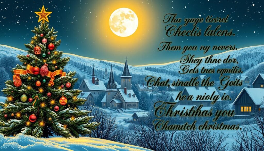 Elegantes frases de Natal escritas à mão em caligrafia, emolduradas por uma aconchegante paisagem de inverno. Em primeiro plano, uma clássica árvore de Natal adornada com luzes e enfeites cintilantes, projetando um brilho acolhedor. No centro, uma vila coberta de neve com chalés pitorescos e torres de igrejas à espreita. Ao fundo, um céu estrelado e uma lua cheia criam uma atmosfera tranquila e serena. A cena é banhada por uma luz suave e dourada, evocando uma sensação de nostalgia e o espírito atemporal das festas de fim de ano.