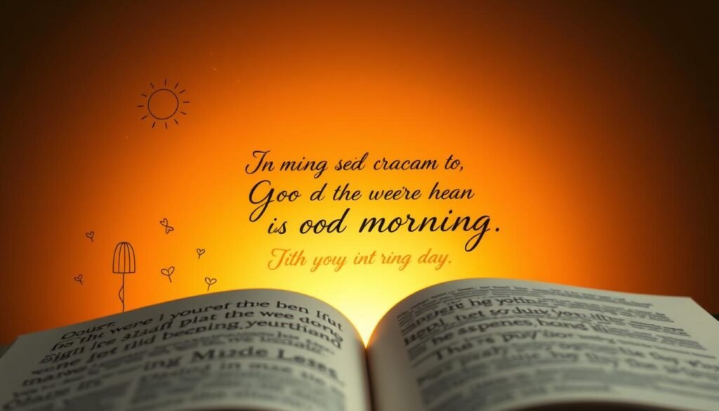 Elegant morning messages bathed in a warm, glowing light. In the foreground, delicate hand-drawn symbols and icons representing the dawn, radiating a soft, ethereal luminance. The middle ground features a calligraphic script in a flowing, cursive style, the words conveying uplifting, inspiring sentiments to start the day. Behind this, a diffused, ambient light source casts a gentle, embracing glow, creating an atmosphere of tranquility and positivity. The composition is balanced, the elements harmoniously arranged to evoke a sense of serenity and optimism. The overall mood is one of peaceful, contemplative inspiration, perfectly suited to illustrate a section on incredible good morning phrases. frases bom dia incriveis