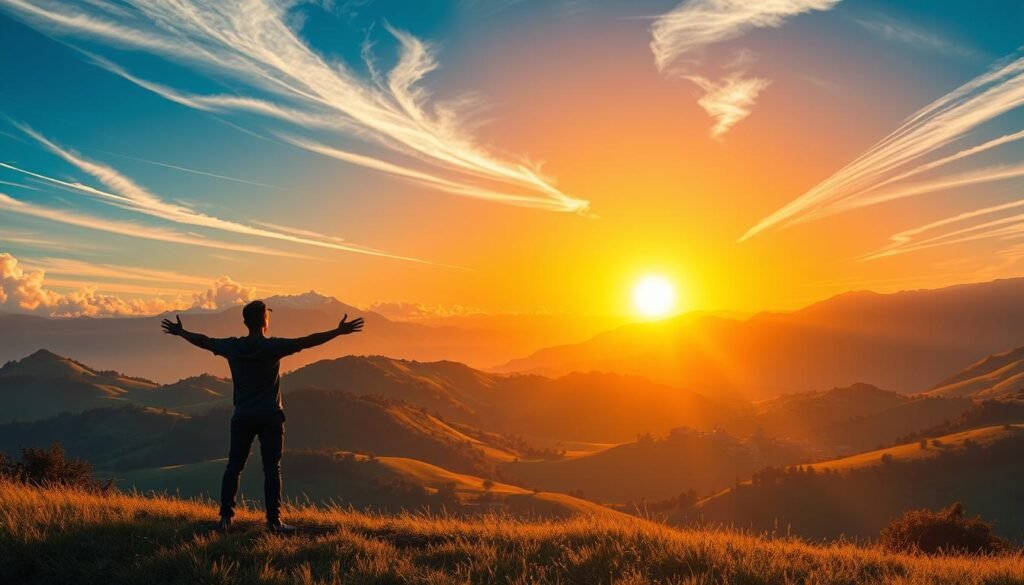 Stunning sunrise over a serene landscape, bathed in warm golden light. In the foreground, a lone figure stands contemplatively, arms outstretched, capturing the inspiring moment. Wispy clouds drift across a vibrant azure sky, casting soft shadows on the lush, rolling hills in the middle ground. In the distance, a picturesque village nestled among towering mountains, symbolizing the potential for a new day and renewed energy. The scene exudes a sense of tranquility, rejuvenation, and the invigorating power of dawn's first light. Mensagens Motivacionais para Segunda-feira