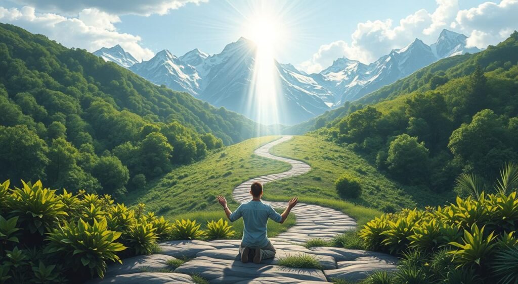 Transforming challenges into spiritual opportunities: a serene landscape with a glowing, ethereal figure ascending towards the heavens, surrounded by radiant light. In the foreground, a person kneels in prayer, their hands outstretched, conveying a sense of openness and receptivity to the divine. The middle ground features a winding path leading through lush, verdant foliage, symbolizing the journey of personal growth and transformation. In the background, majestic mountains rise up, their peaks capped with snow, evoking a sense of grandeur and the vastness of the spiritual realm. The lighting is soft and diffused, creating a peaceful, contemplative atmosphere. The overall scene communicates the idea of turning adversity into spiritual opportunity, finding hope and renewal through faith. Transforming challenges into spiritual opportunities: a serene landscape with a glowing, ethereal figure ascending towards the heavens, surrounded by radiant light. In the foreground, a person kneels in prayer, their hands outstretched, conveying a sense of openness and receptivity to the divine. The middle ground features a winding path leading through lush, verdant foliage, symbolizing the journey of personal growth and transformation. In the background, majestic mountains rise up, their peaks capped with snow, evoking a sense of grandeur and the vastness of the spiritual realm. The lighting is soft and diffused, creating a peaceful, contemplative atmosphere. The overall scene communicates the idea of turning adversity into spiritual opportunity, finding hope and renewal through faith.