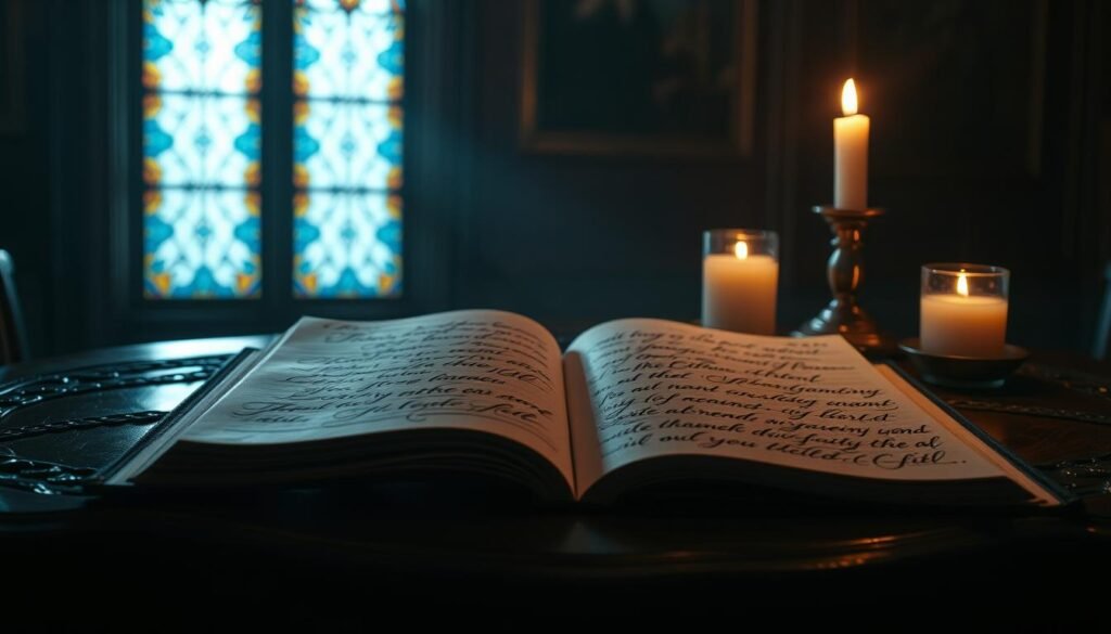 A dimly lit, ornate wooden table, its surface adorned with handwritten expressions of gratitude and devotion, conveying the reverence and faith of the Christian tradition. Elegant calligraphic script flows across the pages of an open leather-bound Bible, its pages illuminated by the soft glow of candlelight, casting a warm, contemplative ambiance. In the background, a stained-glass window filters in a diffused, ethereal light, hinting at the divine presence that inspires these heartfelt Scriptural writings. The overall composition evokes a sense of profound spiritual contemplation and a deep appreciation for the blessings of faith. Uma mesa de madeira ornada, mal iluminada, sua superfície adornada com expressões manuscritas de gratidão e devoção, transmitindo a reverência e a fé da tradição cristã. Uma elegante caligrafia flui pelas páginas de uma Bíblia encadernada em couro, suas páginas iluminadas pelo suave brilho da luz de velas, criando uma atmosfera quente e contemplativa. Ao fundo, uma janela de vitral filtra uma luz etérea e difusa, insinuando a presença divina que inspira essas sinceras escritas bíblicas. A composição geral evoca uma sensação de profunda contemplação espiritual e uma profunda apreciação pelas bênçãos da fé.