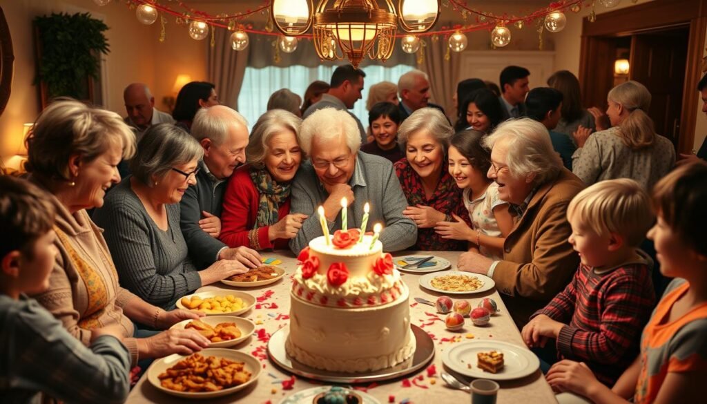 A large, close-knit family gathered around a festively decorated table, bathed in warm, soft lighting. In the foreground, parents and grandparents embrace, their faces alight with joy and laughter as they celebrate a loved one's birthday. The middle ground features a beautifully crafted birthday cake, surrounded by platters of delicious treats and a scattering of colorful party decorations. In the background, the rest of the family - siblings, aunts, uncles, and children - mingle and converse, their expressions reflecting the happy, celebratory atmosphere. The scene conveys a sense of togetherness, love, and cherished traditions being passed down through generations. Surpreenda com Essas Frases de Parabéns Incríveis