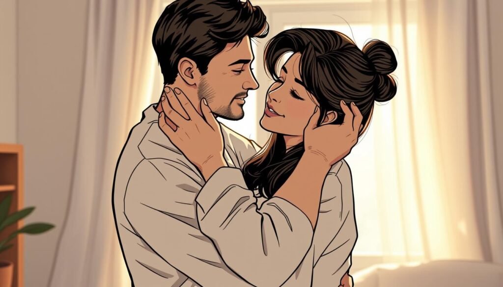 A loving couple embracing tenderly, their bodies intertwined in a warm embrace. Soft natural lighting filters through a window, casting a gentle glow on their faces. The man gently caresses the woman's cheek, their eyes locked in a moment of pure affection. In the background, a cozy, minimalist interior sets the scene, creating a sense of intimate tranquility. The overall mood is one of genuine care, intimacy, and heartfelt connection between the two partners. A loving couple embracing tenderly, their bodies intertwined in a warm embrace. Soft natural lighting filters through a window, casting a gentle glow on their faces. The man gently caresses the woman's cheek, their eyes locked in a moment of pure affection. In the background, a cozy, minimalist interior sets the scene, creating a sense of intimate tranquility. The overall mood is one of genuine care, intimacy, and heartfelt connection between the two partners.