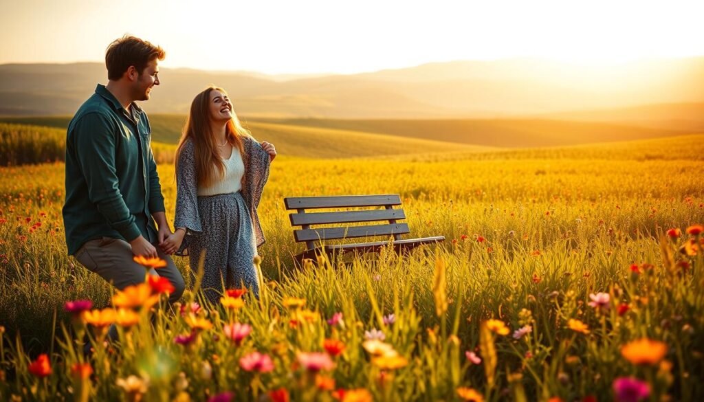 A lush, verdant field dotted with vibrant wildflowers, under a warm, golden afternoon sunlight. In the foreground, a group of friends, hand-in-hand, gazing at each other with genuine smiles, their faces radiating happiness and connection. In the middle ground, a simple wooden bench, inviting passersby to pause and reflect on the beauty of friendship. The background softly blurs into a horizon of rolling hills, conveying a sense of serenity and timelessness. The overall mood is one of heartfelt celebration, where the joy of companionship is palpable and the viewer is drawn into the intimate moment shared by the friends. Um campo exuberante e verdejante pontilhado com flores silvestres vibrantes, sob a luz quente e dourada de uma tarde. No primeiro plano, um grupo de amigos, de mãos dadas, olhando um para o outro com sorrisos genuínos, seus rostos irradiando felicidade e conexão. No meio do cenário, um simples banco de madeira, convidando os transeuntes a pausar e refletir sobre a beleza da amizade. O fundo suavemente se desfoca em um horizonte de colinas suaves, transmitindo uma sensação de serenidade e atemporalidade. O clima geral é de uma celebração sincera, onde a alegria da companhia é palpável e o espectador é atraído para o momento íntimo compartilhado pelos amigos.