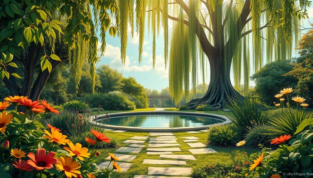 A peaceful, serene garden setting with lush greenery and vibrant flowers in the foreground. In the middle ground, a tranquil pond reflects the sky above, surrounded by a stone path. In the background, a majestic willow tree sways gently, its drooping branches creating a sense of calm and contemplation. Soft, warm lighting illuminates the scene, casting a golden glow and fostering an atmosphere of mindfulness and presence. The overall composition evokes a sense of inner harmony and a deep connection to the natural world, inspiring the viewer to live in the present moment. A peaceful, serene garden setting with lush greenery and vibrant flowers in the foreground. In the middle ground, a tranquil pond reflects the sky above, surrounded by a stone path. In the background, a majestic willow tree sways gently, its drooping branches creating a sense of calm and contemplation. Soft, warm lighting illuminates the scene, casting a golden glow and fostering an atmosphere of mindfulness and presence. The overall composition evokes a sense of inner harmony and a deep connection to the natural world, inspiring the viewer to live in the present moment.