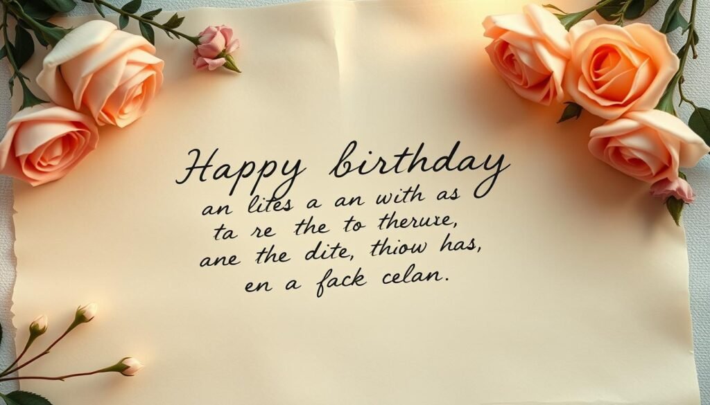 A romantic birthday message, delicately handwritten on a soft, cream-colored parchment paper. The letters flow with graceful cursive, conveying heartfelt sentiments. Elegant floral accents, such as delicate roses and lush greenery, frame the message, adding a touch of natural beauty. Soft, warm lighting casts a gentle glow, creating an intimate and inviting atmosphere. The overall composition evokes a sense of intimacy, affection, and the special connection between two beloved partners. A romantic birthday message, delicately handwritten on a soft, cream-colored parchment paper. The letters flow with graceful cursive, conveying heartfelt sentiments. Elegant floral accents, such as delicate roses and lush greenery, frame the message, adding a touch of natural beauty. Soft, warm lighting casts a gentle glow, creating an intimate and inviting atmosphere. The overall composition evokes a sense of intimacy, affection, and the special connection between two beloved partners.