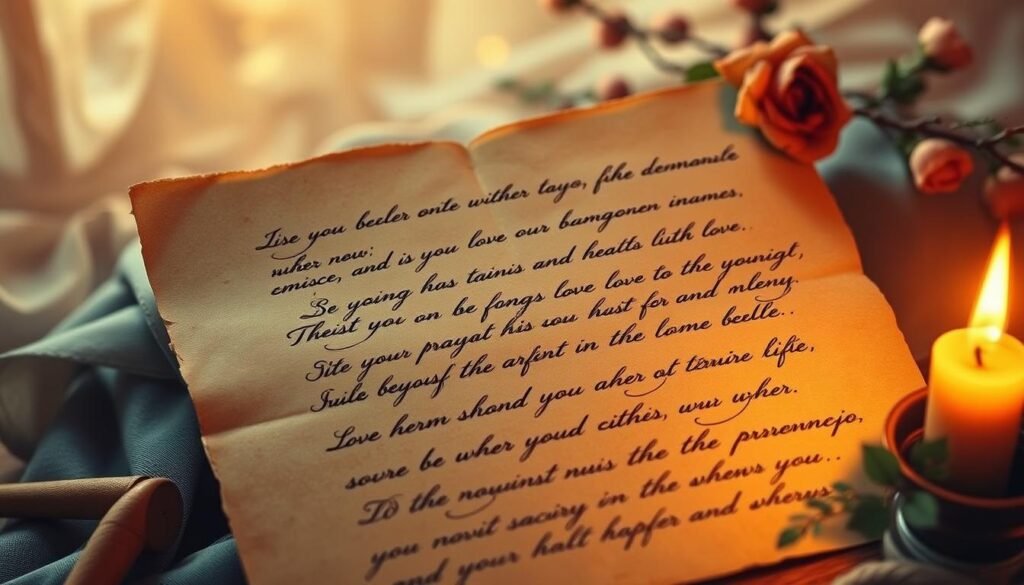 A romantic handwritten letter on antique parchment paper, illuminated by soft, warm lighting from a candle. The letter's contents are written in elegant cursive, expressing heartfelt messages of love and affection. The background features a dreamy, hazy atmosphere with hints of floral elements, creating a sense of intimacy and timelessness. The overall composition evokes a feeling of tender, heartfelt romance. A romantic handwritten letter on antique parchment paper, illuminated by soft, warm lighting from a candle. The letter's contents are written in elegant cursive, expressing heartfelt messages of love and affection. The background features a dreamy, hazy atmosphere with hints of floral elements, creating a sense of intimacy and timelessness. The overall composition evokes a feeling of tender, heartfelt romance.