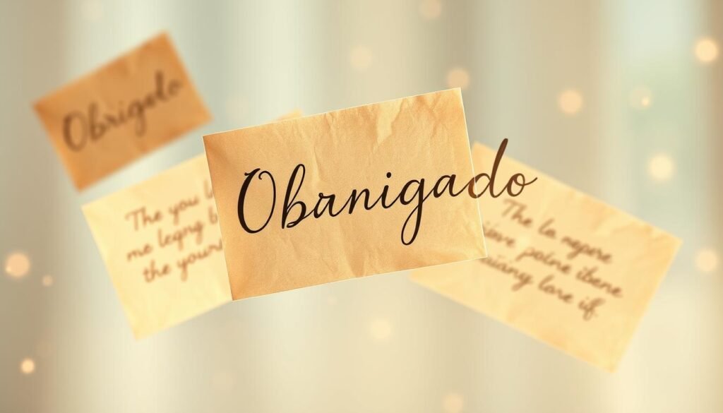 A serene and ethereal scene of handwritten "Mensagens de Gratidão" (Messages of Gratitude) floating against a soft, blurred background. The messages are written in an elegant, cursive script on delicate, textured paper, with a warm, natural lighting illuminating the words. The overall composition conveys a sense of tranquility, appreciation, and heartfelt sentiment, creating an inviting and visually captivating image that reflects the title "Obrigado: Expresse Gratidão com Lindas Mensagens". Uma cena serena e etérea de "Mensagens de Gratidão" flutuando contra um fundo suave e desfocado. As mensagens estão escritas em uma elegante caligrafia cursiva em papel delicado e texturizado, com uma iluminação natural e quente iluminando as palavras. A composição geral transmite uma sensação de tranquilidade, apreciação e sentimento sincero, criando uma imagem convidativa e visualmente cativante que reflete o título "Obrigado: Expresse Gratidão com Lindas Mensagens".