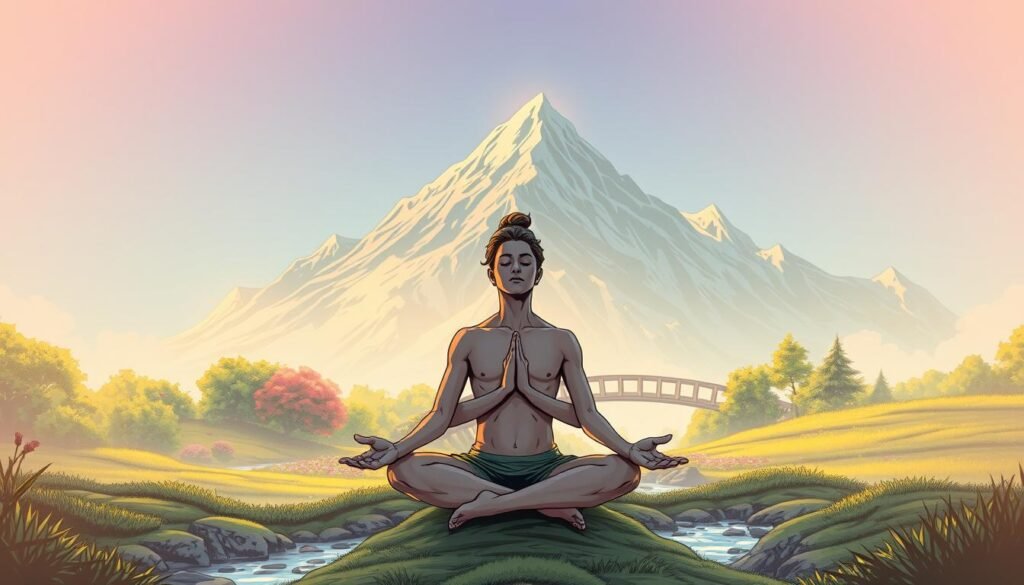 A serene, balanced landscape with a central figure embodying the harmony between mind and body. In the foreground, a person in a meditative pose, eyes closed, emanating an aura of inner peace. The middle ground features a tranquil garden with lush greenery, a flowing stream, and a wooden bridge connecting the physical and spiritual realms. In the background, a majestic mountain range stands tall, its peaks kissed by the golden rays of the sun, symbolizing the expansiveness of the mind. The scene is bathed in a warm, soft light, creating a calming, contemplative atmosphere that invites the viewer to experience the equilibrium between the mental and physical aspects of the human experience. A serene, balanced landscape with a central figure embodying the harmony between mind and body. In the foreground, a person in a meditative pose, eyes closed, emanating an aura of inner peace. The middle ground features a tranquil garden with lush greenery, a flowing stream, and a wooden bridge connecting the physical and spiritual realms. In the background, a majestic mountain range stands tall, its peaks kissed by the golden rays of the sun, symbolizing the expansiveness of the mind. The scene is bathed in a warm, soft light, creating a calming, contemplative atmosphere that invites the viewer to experience the equilibrium between the mental and physical aspects of the human experience.