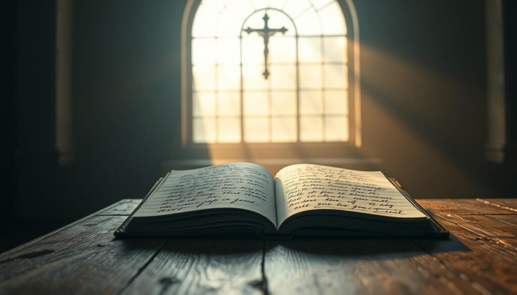 A serene, dimly lit interior scene. In the foreground, a weathered wooden table holds an open leather-bound journal, its pages filled with handwritten messages of gratitude. Soft, warm light filters through a large, arched window, casting a heavenly glow on the journal. In the middle ground, a simple crucifix hangs on the wall, its presence a reminder of divine guidance. The background is shrouded in a soft, hazy atmosphere, creating a contemplative, reverent mood. The overall composition evokes a sense of profound spiritual connection and heartfelt appreciation for the blessings of faith. Mensagens de Gratidão e fé Profunda