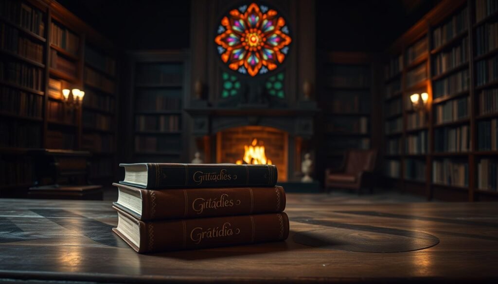 A serene, dimly lit library setting with wooden bookshelves lining the walls. Soft, warm lighting creates a cozy, contemplative atmosphere. In the foreground, a stack of leather-bound books rests on an ornate wooden table, the book covers displaying elegant, calligraphic "Citações de Gratidão". The middle ground features a large, stained-glass window casting a kaleidoscope of colors onto the scene. In the background, a grand fireplace crackles, its flames flickering and casting a gentle glow. The overall mood is one of introspection, reverence, and deep appreciation for the wisdom contained within the pages. Um ambiente sereno e pouco iluminado de biblioteca, com estantes de madeira alinhadas nas paredes. Uma iluminação suave e aconchegante cria uma atmosfera aconchegante e contemplativa. Em primeiro plano, uma pilha de livros encadernados em couro repousa sobre uma mesa de madeira ornamentada, com as capas exibindo elegantes e caligráficas "Citações de Gratidão". No centro, um grande vitral projeta um caleidoscópio de cores sobre a cena. Ao fundo, uma grande lareira crepita, com suas chamas tremulando e lançando um brilho suave. O clima geral é de introspecção, reverência e profundo apreço pela sabedoria contida nas páginas.