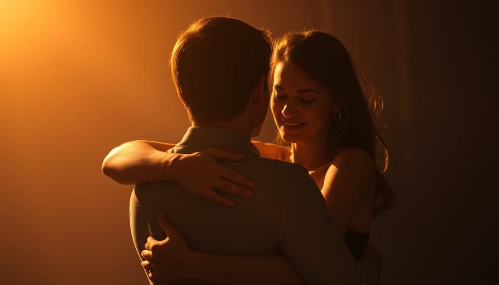 A serene, dimly lit scene of two individuals standing together, their bodies intertwined in a deep embrace. The lighting is soft and warm, casting a golden glow over their faces, conveying a sense of unwavering trust and unbreakable unity. The background is blurred, drawing the viewer's focus to the profound connection between the figures, their expressions exuding a profound sense of intimacy and emotional resonance. The overall mood is one of profound, unshakable loyalty and the power of genuine, lasting relationships. mensagens de amizade verdadeira