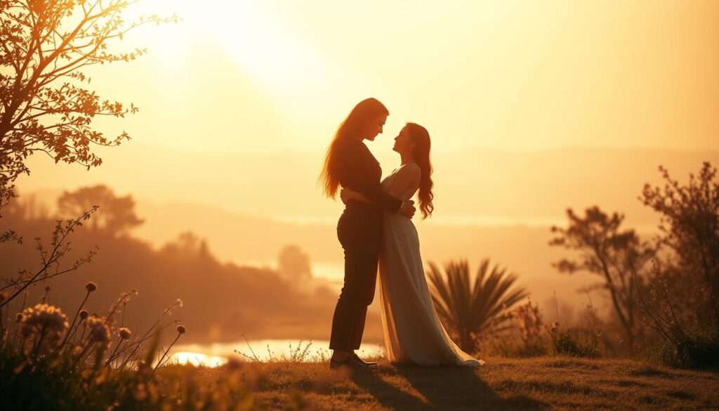 A serene, ethereal landscape bathed in warm, golden light. In the foreground, two intertwined silhouettes emerge, their forms blending seamlessly as if connected by an invisible bond. Wisps of energy or energy fields surround them, suggesting a profound spiritual connection. The middle ground features natural elements like flowers, trees, and a tranquil body of water, creating a harmonious, soulful atmosphere. The background fades into a hazy, dreamlike horizon, emphasizing the sense of timelessness and the infinite nature of this soulful union. The overall mood is one of deep, profound, and undeniable love and recognition between two kindred spirits. Encontre Mensagens de Amor Perfeito