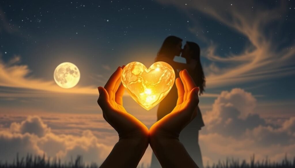 A serene, ethereal landscape with a starry night sky, a full moon, and wispy clouds casting a soft, romantic glow. In the foreground, a pair of hands holding a glowing heart-shaped crystal, emitting a warm, golden radiance. The crystal appears to levitate, conveying a sense of weightlessness and spirituality. The background features a silhouetted, two-person silhouette embracing, symbolizing the soulful connection between twin flames. The overall mood is one of tranquility, love, and the profound, mystical bond between kindred spirits. Uma paisagem serena e etérea com um céu noturno estrelado, uma lua cheia e nuvens esvoaçantes que emitem um brilho suave e romântico. Em primeiro plano, um par de mãos segurando um cristal em forma de coração que brilha, emitindo uma radiação dourada e quente. O cristal parece levitar, transmitindo uma sensação de leveza e espiritualidade. Ao fundo, há a silhueta de duas pessoas se abraçando, simbolizando a conexão profunda entre chamas gêmeas. O clima geral é de tranquilidade, amor e o profundo e místico vínculo entre espíritos afins.