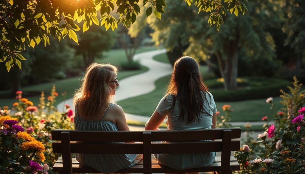A serene garden scene, with two friends sitting on a wooden bench surrounded by lush greenery and vibrant flowers. Warm, natural lighting filters through the leaves, casting a soft glow on their faces as they engage in deep, heartfelt conversation. In the background, a winding path leads to a tranquil pond, symbolizing the enduring, meandering nature of their bond. The overall atmosphere exudes a sense of comfort, trust, and the timeless quality of a lasting friendship. Uma cena de jardim serena, com dois amigos sentados em um banco de madeira rodeados por uma vegetação exuberante e flores vibrantes. A iluminação natural e quente filtra entre as folhas, lançando um brilho suave em seus rostos enquanto eles se envolvem em uma conversa profunda e sincera. Ao fundo, um caminho sinuoso leva a um lago tranquilo, simbolizando a natureza duradoura e meanderante de seu vínculo. A atmosfera geral exala uma sensação de conforto, confiança e a qualidade atemporal de uma amizade duradoura.