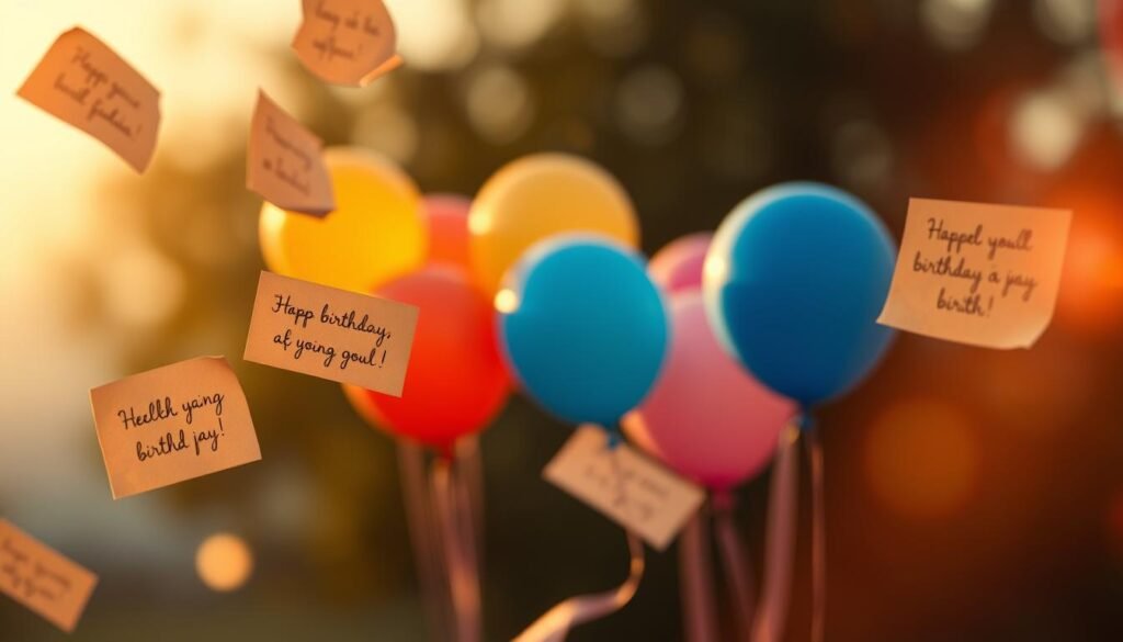 A serene, inspirational scene of birthday messages against a tranquil backdrop. In the foreground, delicate handwritten notes in cursive script float gently, conveying heartfelt wishes and uplifting sentiments. The middle ground features a soft-focus array of vibrant, colorful balloons, their strings trailing whimsically. In the background, a warm, golden-hour glow bathes the entire composition, creating a calming, contemplative atmosphere. Subtle bokeh effects and a dreamy, cinematic lens flare add depth and a sense of wonder. The overall mood is one of joy, reflection, and thoughtful, motivational positivity. A serene, inspirational scene of birthday messages against a tranquil backdrop. In the foreground, delicate handwritten notes in cursive script float gently, conveying heartfelt wishes and uplifting sentiments. The middle ground features a soft-focus array of vibrant, colorful balloons, their strings trailing whimsically. In the background, a warm, golden-hour glow bathes the entire composition, creating a calming, contemplative atmosphere. Subtle bokeh effects and a dreamy, cinematic lens flare add depth and a sense of wonder. The overall mood is one of joy, reflection, and thoughtful, motivational positivity.