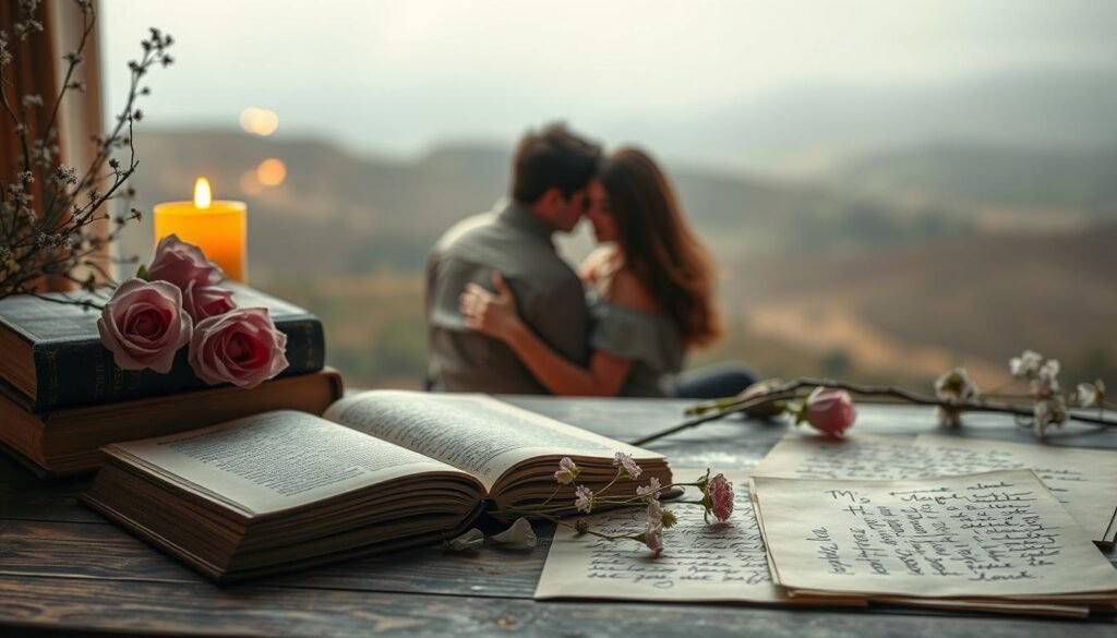 A serene, intimate setting with a warm, cozy atmosphere. In the foreground, a tasteful arrangement of vintage books, handwritten love letters, and delicate flowers - symbolic of the written word and the timeless nature of romance. The middle ground features a soft-focus portrait of a couple, their faces obscured but their embrace conveying a profound emotional connection. The background is a muted, dreamlike landscape, with subtle lighting and muted tones evoking a sense of nostalgia and tranquility. The overall composition is balanced and harmonious, capturing the essence of "Famous Quotes on Love and Tenderness".