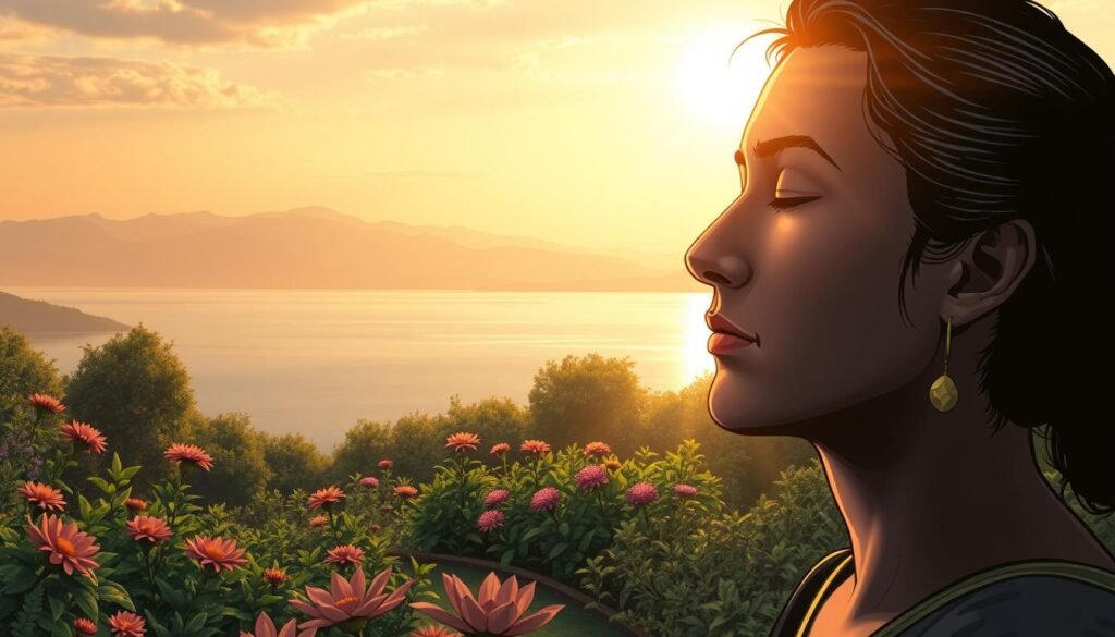 A serene, introspective scene of a person in deep meditation, their eyes closed and expression peaceful, surrounded by glowing, ethereal light. In the foreground, a lush, verdant garden with vibrant flowers and plants. In the middle ground, a tranquil body of water reflecting the calm sky above. In the background, a distant, hazy mountain range bathed in warm, golden tones. The lighting is soft and diffuse, creating a calming, contemplative atmosphere. The overall composition conveys a sense of inner strength, spiritual rejuvenation, and harmony with the natural world. A serene, introspective scene of a person in deep meditation, their eyes closed and expression peaceful, surrounded by glowing, ethereal light. In the foreground, a lush, verdant garden with vibrant flowers and plants. In the middle ground, a tranquil body of water reflecting the calm sky above. In the background, a distant, hazy mountain range bathed in warm, golden tones. The lighting is soft and diffuse, creating a calming, contemplative atmosphere. The overall composition conveys a sense of inner strength, spiritual rejuvenation, and harmony with the natural world.