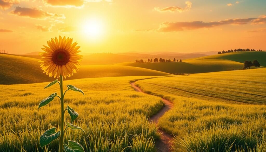 A serene landscape with a vibrant sunrise, casting warm golden light across a lush, verdant meadow. In the foreground, a single sunflower stands tall, its petals reaching towards the sky, symbolizing the daily inspiration that can uplift the spirit. The middle ground features a winding path, inviting the viewer to embark on a journey of self-reflection and renewal. In the distance, rolling hills dotted with clusters of trees create a sense of depth and tranquility. The overall mood is one of peaceful contemplation, with the sunlight and natural elements working in harmony to evoke a feeling of renewed energy and positivity for the day ahead. A serene landscape with a vibrant sunrise, casting warm golden light across a lush, verdant meadow. In the foreground, a single sunflower stands tall, its petals reaching towards the sky, symbolizing the daily inspiration that can uplift the spirit. The middle ground features a winding path, inviting the viewer to embark on a journey of self-reflection and renewal. In the distance, rolling hills dotted with clusters of trees create a sense of depth and tranquility. The overall mood is one of peaceful contemplation, with the sunlight and natural elements working in harmony to evoke a feeling of renewed energy and positivity for the day ahead.