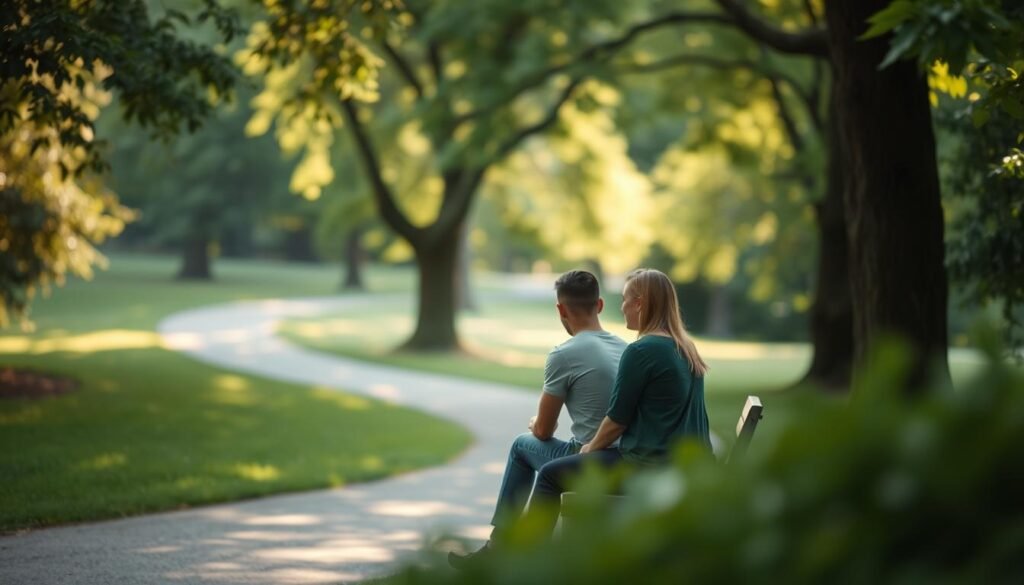 Um parque sereno, com vegetação luxuosa e um caminho sinuoso. Em primeiro plano, dois amigos sentados em um banco, engajados em uma conversa reflexiva, sua linguagem corporal e expressões faciais transmitindo um senso de profunda conexão e entendimento. A luz suave e natural filtra-se através das árvores, lançando um brilho quente e dourado sobre a cena. O fundo é desfocado, direcionando o foco do espectador para as figuras centrais e o poder de suas palavras para nutrir a amizade. O clima geral é de tranquilidade, intimidade e o impacto profundo que uma comunicação sincera e genuína pode ter na formação de laços duradouros.
